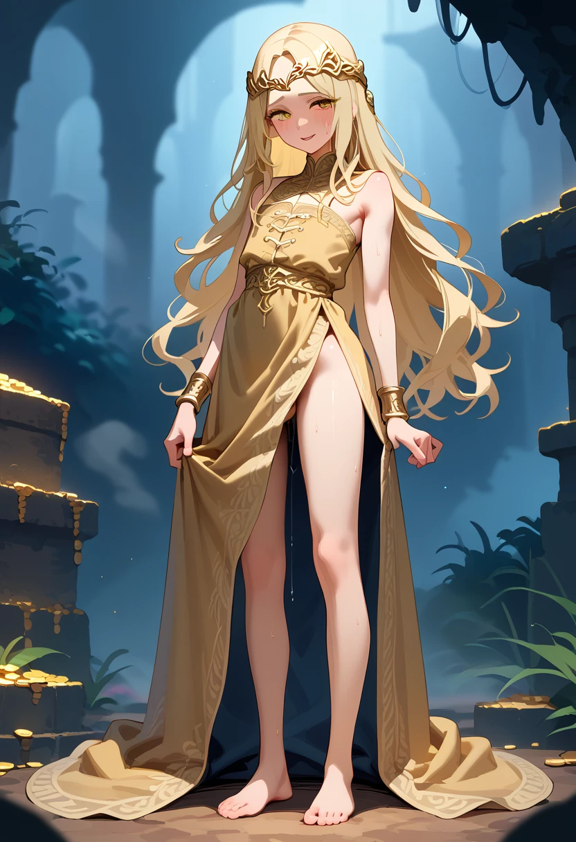 (2d, thick outline, white outline, black outline)), boy, femboy, miquella_(elden ring), 1boy, sweating body, eyes open, steam, ((dynamic poses)), smile, blushing, blonde, boy, flat chest, white flat dress, full body, very long hair , symbol elden ring, side pose , standing, side pose, ash blonde hair, 1 piece dress, plain dress, sweat dripping, dynamic poses, dripping sweat, sleeveless dress, short dress, gold headband on the forehead, gold bracelets, dressed alone, looking from behind, treasure chests, short skirt, lifting skirt, sweating, femboy, long hair, yellow iris of the eyes, adult