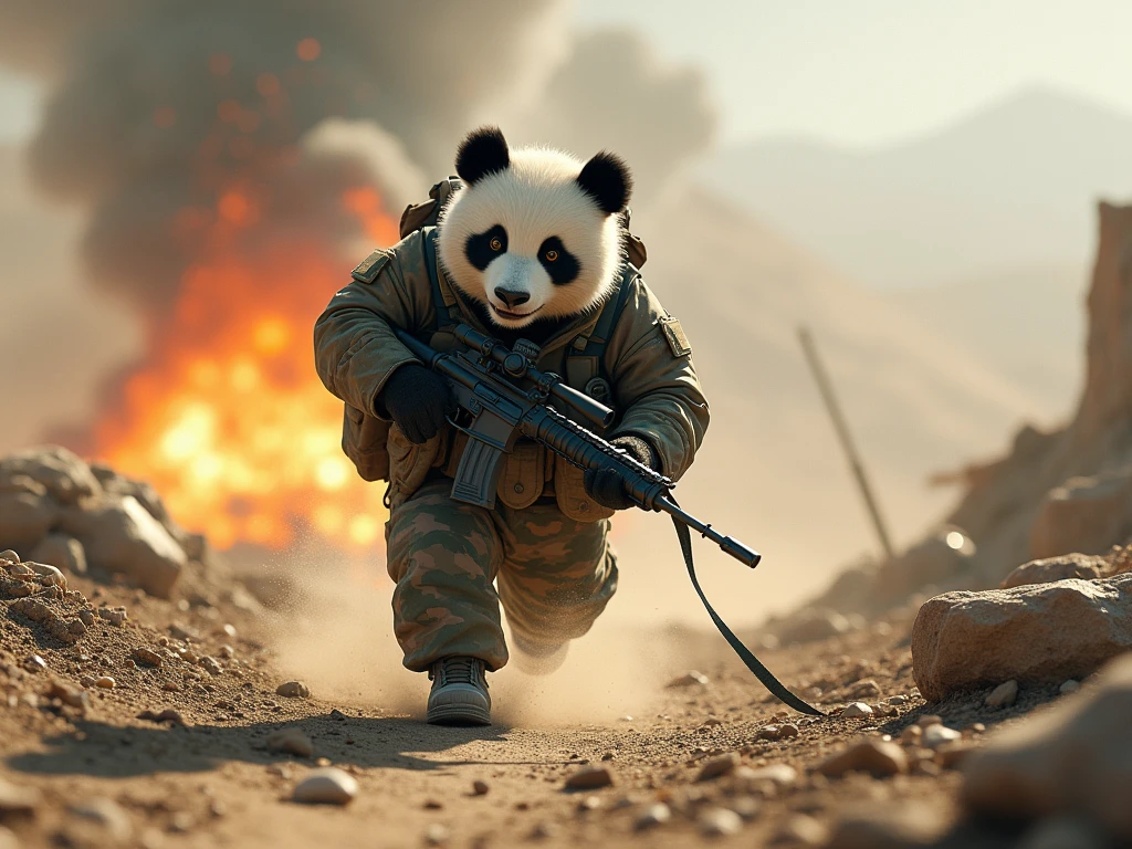 (movie　 a commando on a battlefield in Afghanistan ),A panda  who plays , a panda  is equipped with a camouflage jacket 、 a panda  is surprised by a nearby explosion and runs away、