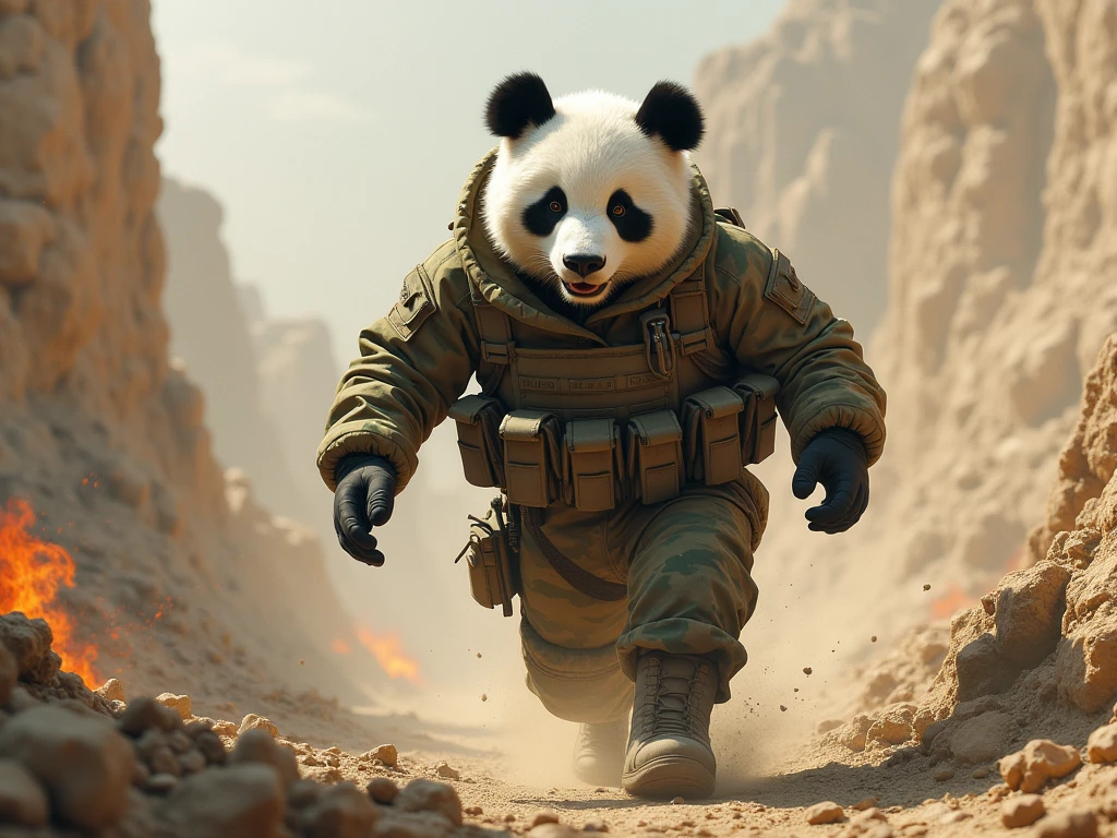 (movie　 a commando on a battlefield in Afghanistan ),A panda  who plays , a panda  is equipped with a camouflage jacket 、 a panda  is surprised by a nearby explosion and runs away、