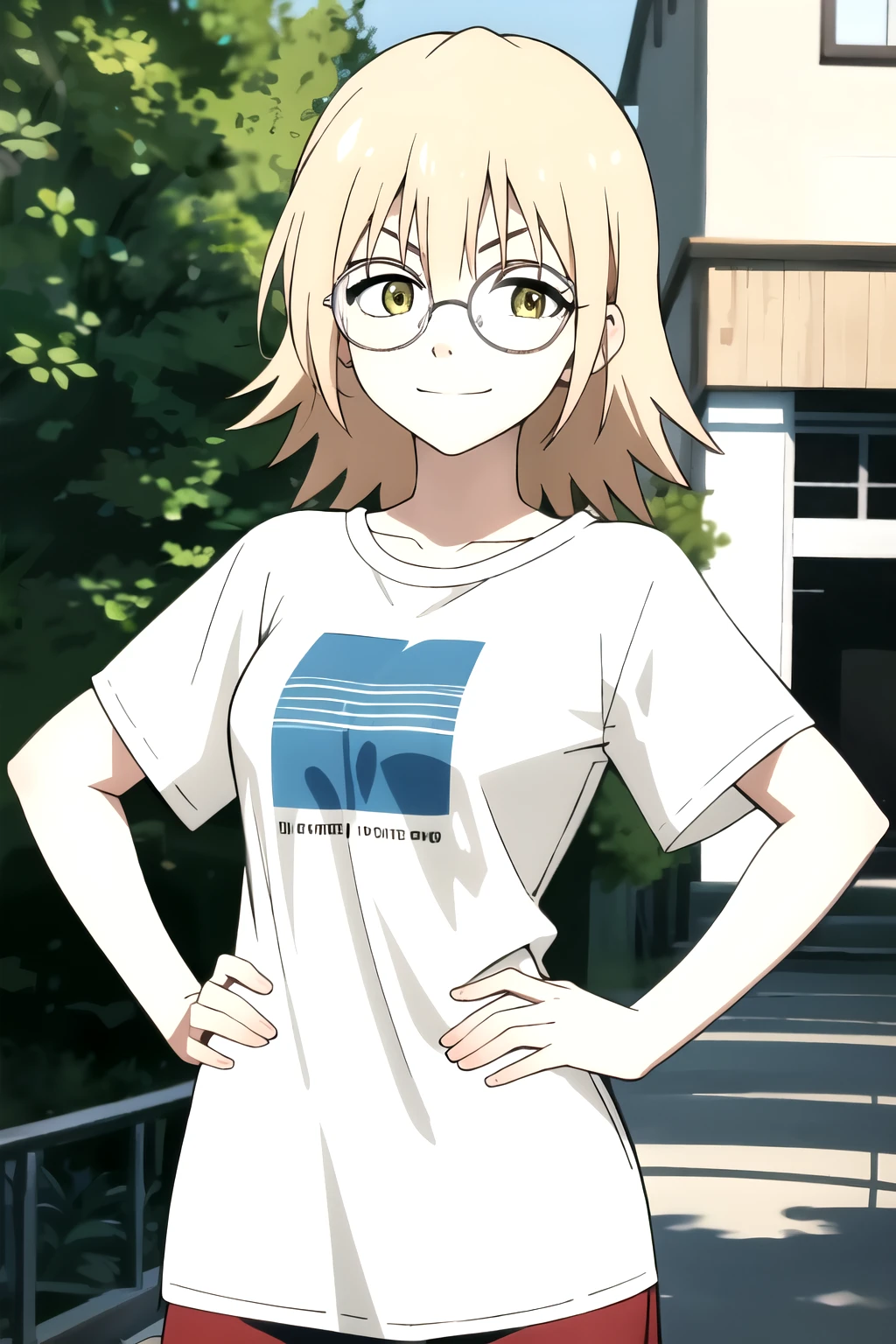 ((best quality)),((highly detailed)),masterpiece,absurdres,beautiful face,(detailed eyes, deep eyes),1girl, hands on hip, haruko, round glasses, Korean glasses, yellow eyes, blonde hair, short hair, white t-shirt, short pants, looking at viewer, smirk, standing up.