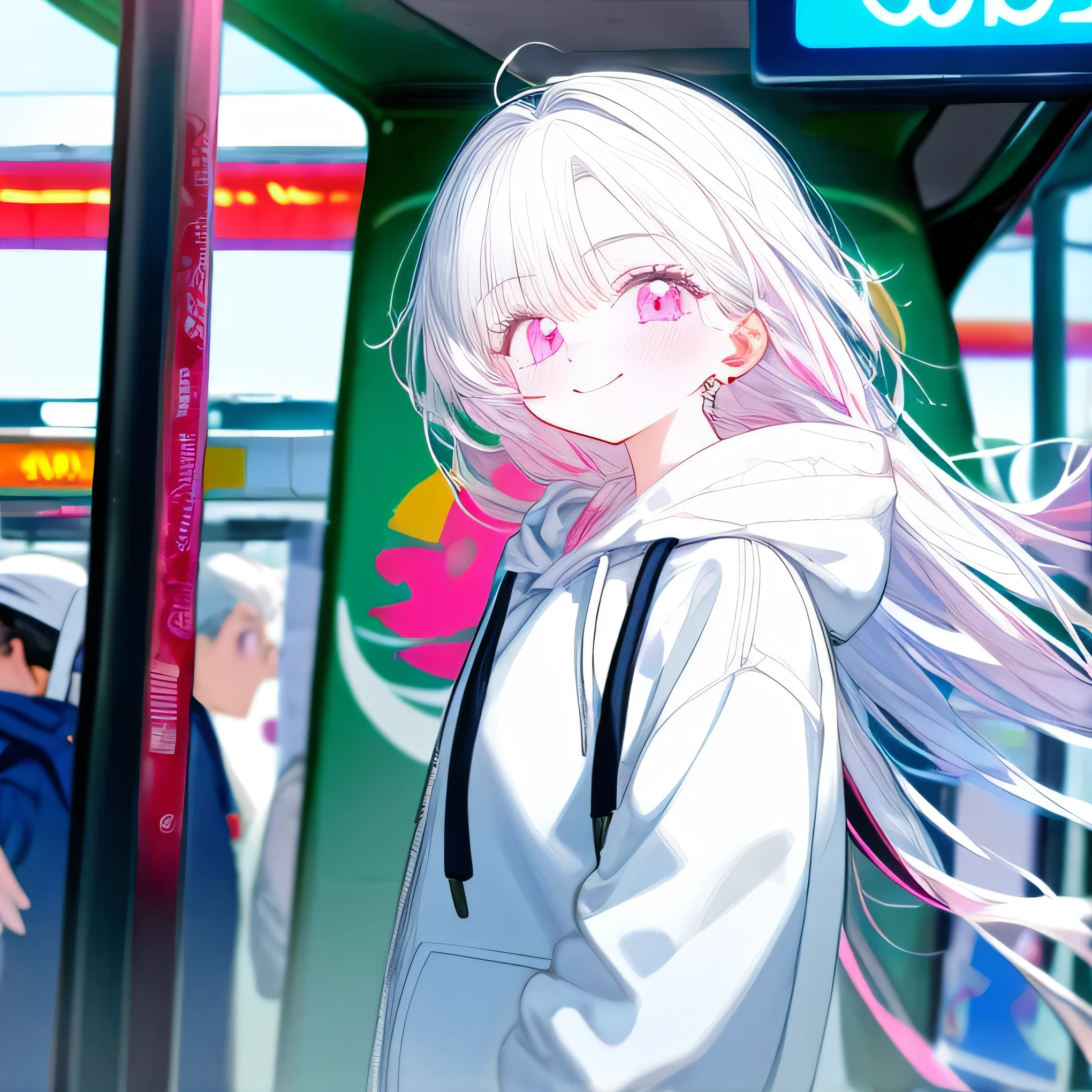 ((Best Quality)), ((masterpiece)), ( Details), girl,Long hair ,White Hair,white hoodie,pink eyes,Two-pronged,subway station,smile