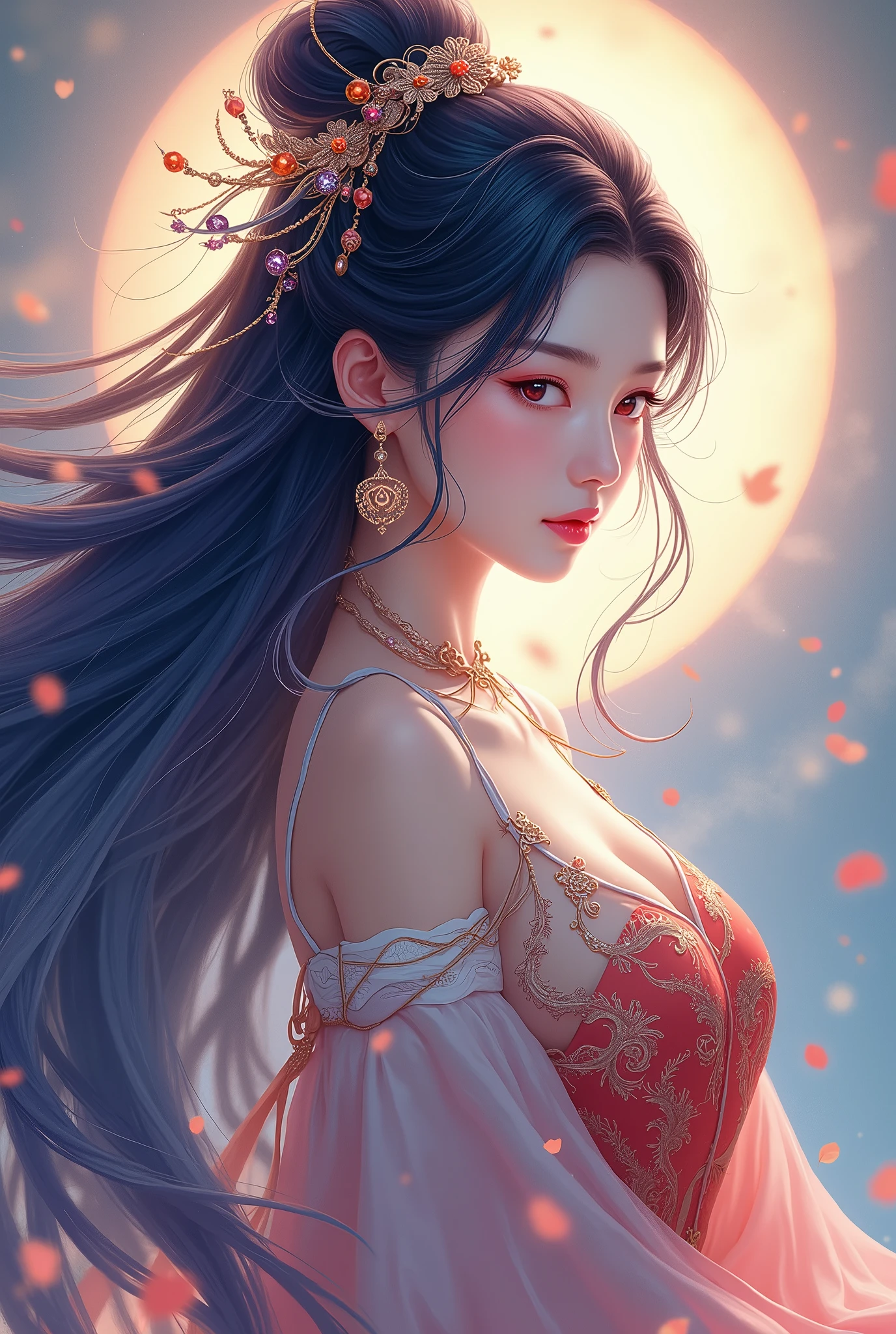  beautiful women,  long hair on background, goddess, blue red,  character, earrings, Chinese style costume,  anime style , 