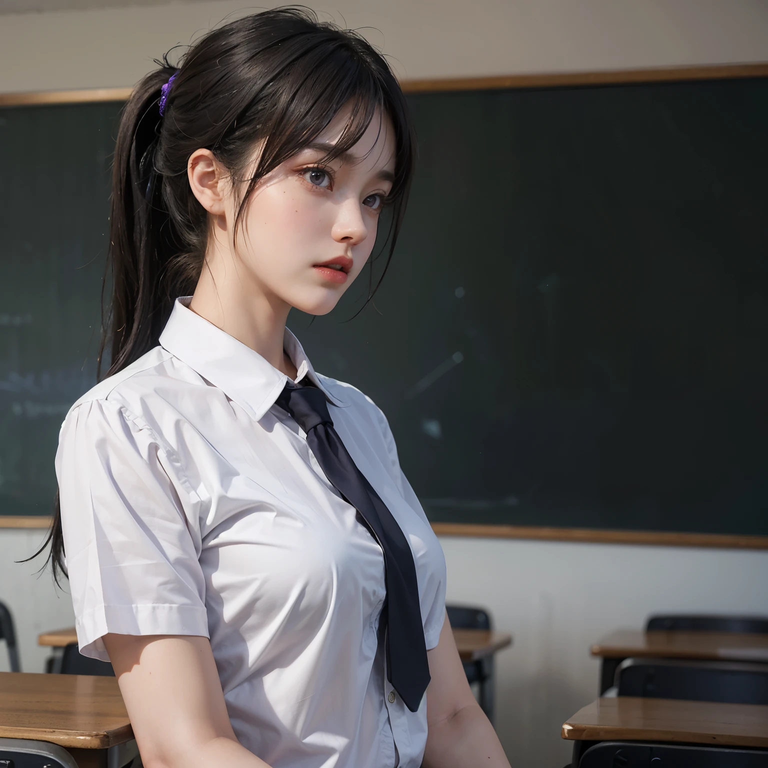Highest quality、Ultra-high resolution、Professional Lighting、Detailed Background、In the classroom、full body,Kobeni-chan、A sloppy smile、25-year-old woman、beautiful girl、(Kobeni-chan、Jet black hair, Black Hair, bangs, One-sided hair,)、(Red Hair Clip:1.1)、(White sleeveless shirt:1.2)+(Black tie:1.2)+(Grey pleated skirt:1.2)、Black tights、(Huge breasts that look like they might burst:1.2)、(Big thighs:1.1)、Troubled face、Confused Eyes、Sitting on a desk、(Open your crotch to show your underwear:1.5)、(A woman spreading her legs to show her shorts)、Facing forward、