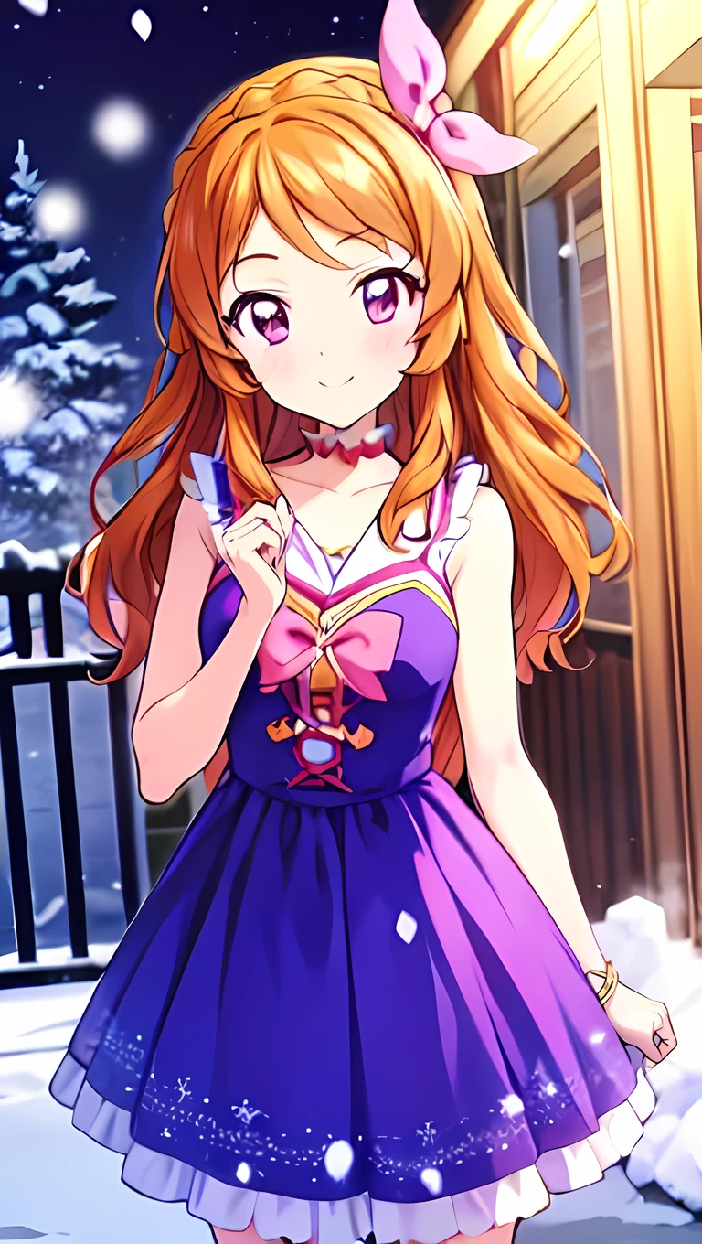  orange hair，One person， pink ribbon，Akari Ozora，((masutepiece)), ((Best Quality)), (Ultra-detailed), anime style ，Idol Academy ，consider，Aikatsu characters， Official Anime Item ， breast size is c cup，With a snowy night in the background，8k，4K，16k， high school idol ，Photo Collection，Face is front，Anime Coloring Book，She is 155 cm tall.， ichigo hoshimiya，Be aware of only the color scheme Giantess ， the best smile that only you can see，A scene from an anime，Natural skin color，Make the outline line natural，Clear Filters ，Clumsy  but hard work ，Workmanship not visible in the illustration，From head to toe 