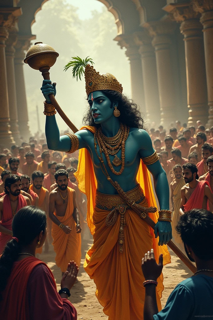 Krishna Defeating Kansa: "A powerful scene of Lord Krishna in ancient India, defeating the tyrant king Kansa in a fierce battle, with citizens of Mathura rejoicing in the background."