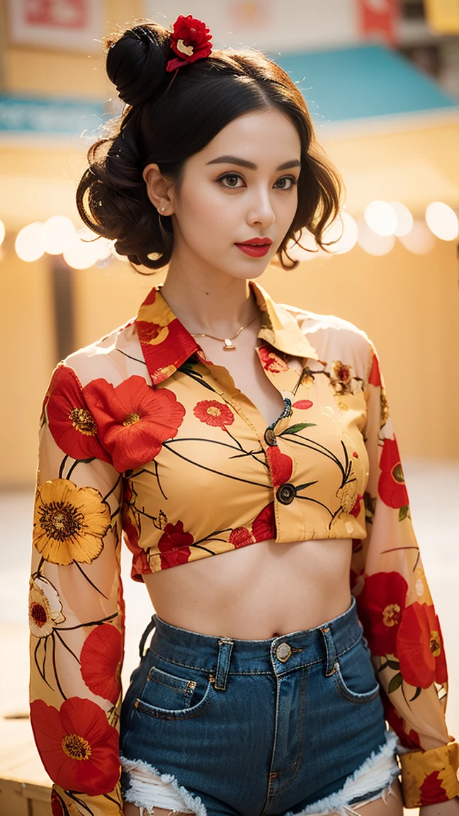 the Extremely Detailed CG Unity 8K Wallpapers、top-quality、ultra-detailliert、​masterpiece、realisitic、Photo Real、extremely detailed cute girl、sixteen years old，((skirt lift by yourself))、(large full breasts)，((Stripped string panties))、red blush、looking at the viewers、(full body Esbian)、(Japan High School Uniforms)、(big crowd)、(Crowded city)、short cut hair，(pubick hair)，urvashi rautela