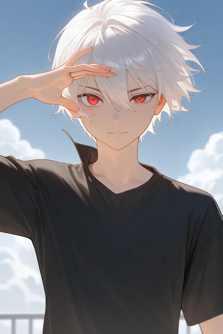 man, white hair, red eyes, and a detailed background, every detail is rendered in superb detail, perfect composition, masterpiece, best quality, 8k, ultra-detailed, anime, correct anatomy, detailed face, correct eye anatomy, handsome, dark fantasy, brown skin, upper body, fully clothed, black shirt, 