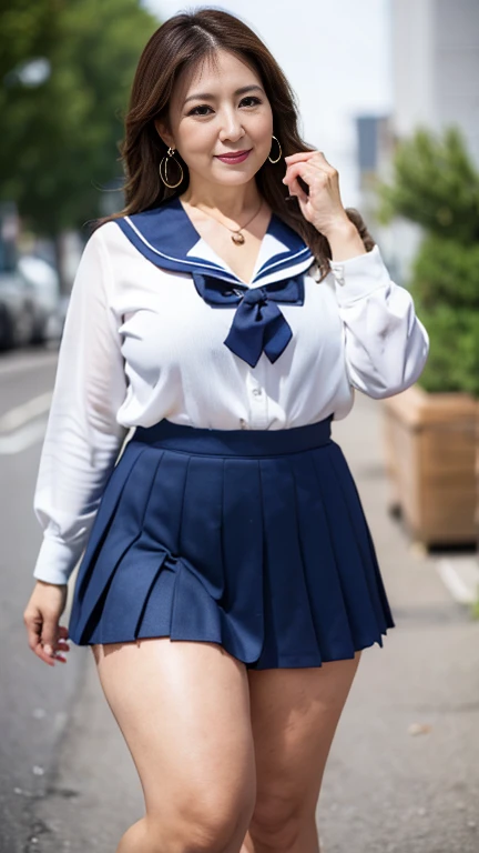 full body shot, from below,  Japanese woman with a viewing angle of, Wife, (68 years old:1.6),  detailed face , Facial wrinkles, Wrinkles around the eyes, smile,  detailed skin texture,  white skin,  heavy makeup ,  long hair, (curvy body, saggy breasts,  plump thighs), (earrings,  necklace, school uniform, sailor uniform, sailor collar, sailor collar ribbon,  navy blue pleated mini skirt:1.2), ( wearing high heels:1.2), ( sidewalk,  photograph the whole body from toe to head:1.2), (surrealism, best quality, ultra detailed, absolutely resolution, 8k, anatomically correct), depth of field, looking at viewer, tachi-e, (gal.safetensors), (bimajo ), full body,  detailed face , Wifeが女子高校生の制服を着てコスプレしている