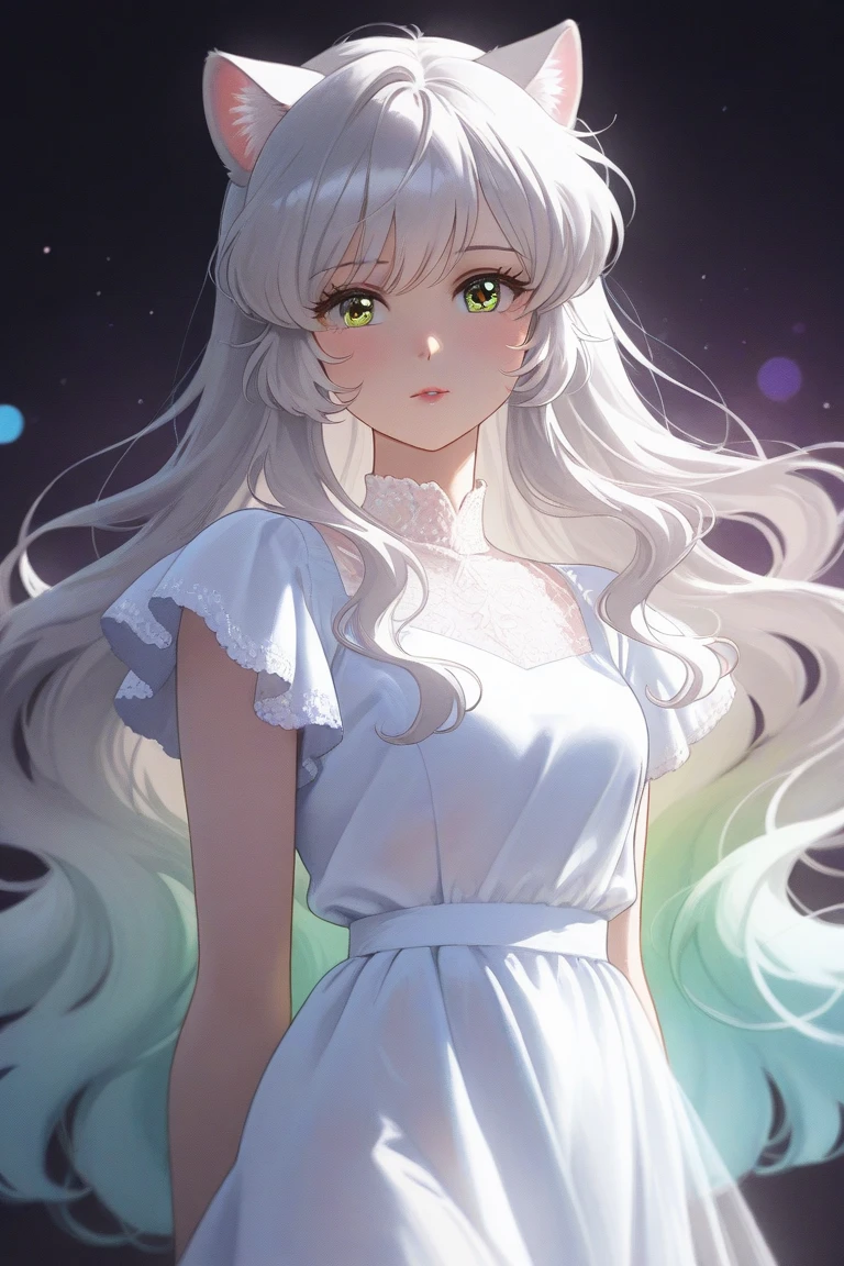 Japanese retro anime style of the 80s and 90s, aesthetic anime style, Ethereal cat girl, flowing white dress with black patterns, sparkly yellow-green eyes, long wavy silver hair, pastel rainbow gradient effects, soft dreamy atmosphere, detailed clothing folds, watercolor style, floating ribbons, gentle lighting, kawaii anime style

negative prompt:
dark colors, harsh lighting,  realistic style