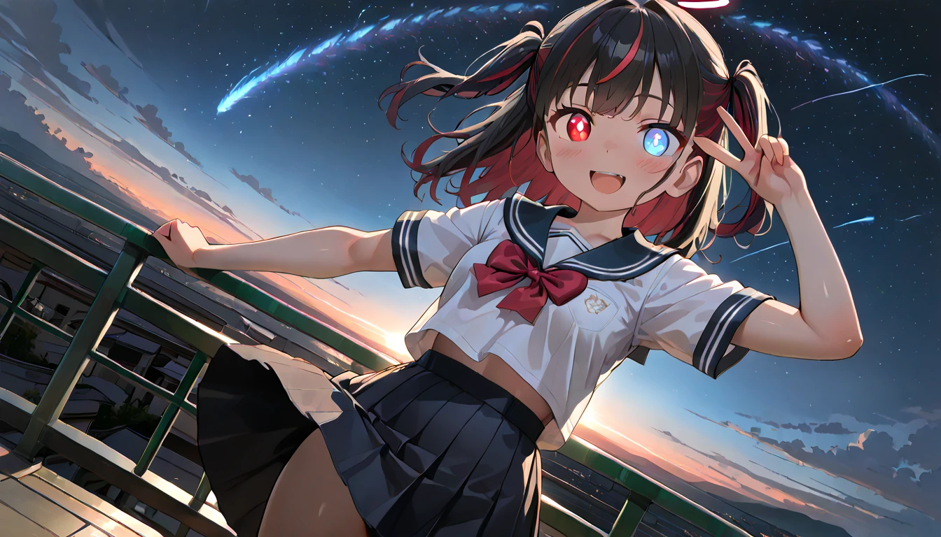 ((top quality)),((masterpiece)),((perfect face)),(ultra-detailed),ultra high res, 8k, 1girl, solo, streaked hair, glowing eyes, heterochromia, stardust, night sky, peace sign, open mouth, dynamic angle, school uniform, panoramic view,  anime style, exquisite, (very aesthetic:1.2), (absurdres:1.2), (detailed background),newest, perfect anatomy,