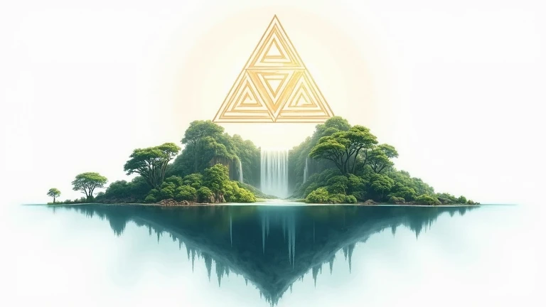 A sacred geometry symbol floating above an island with trees and waterfalls, in the style of Yoshitaka Amano, on a white background, fantasy concept art, full body shot, ethereal lighting, 2D painting, subtle use of shading, intricate details.