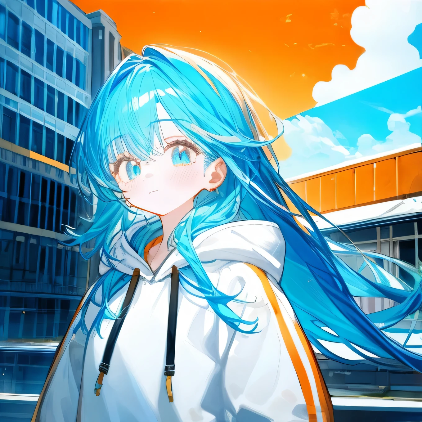 ((Best Quality)), ((masterpiece)), ( Details), girl,Long hair ,light blue hair,orange two-tone hair,white hoodie,blue eyes,old company building