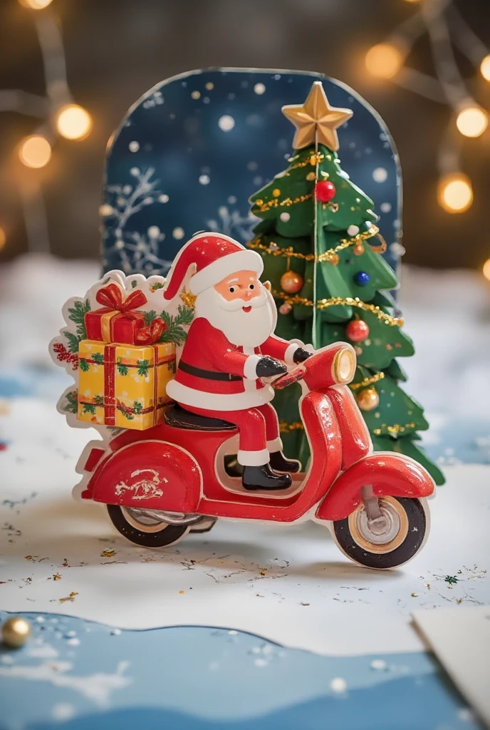  Santa riding a scooter ， car with a gift box ，Cartoon-style images, Set in a 24th century . In the background,  A Christmas tree and a winter landscape ， surrounded by Christmas lights and ornaments.,,Cardboard art engraving