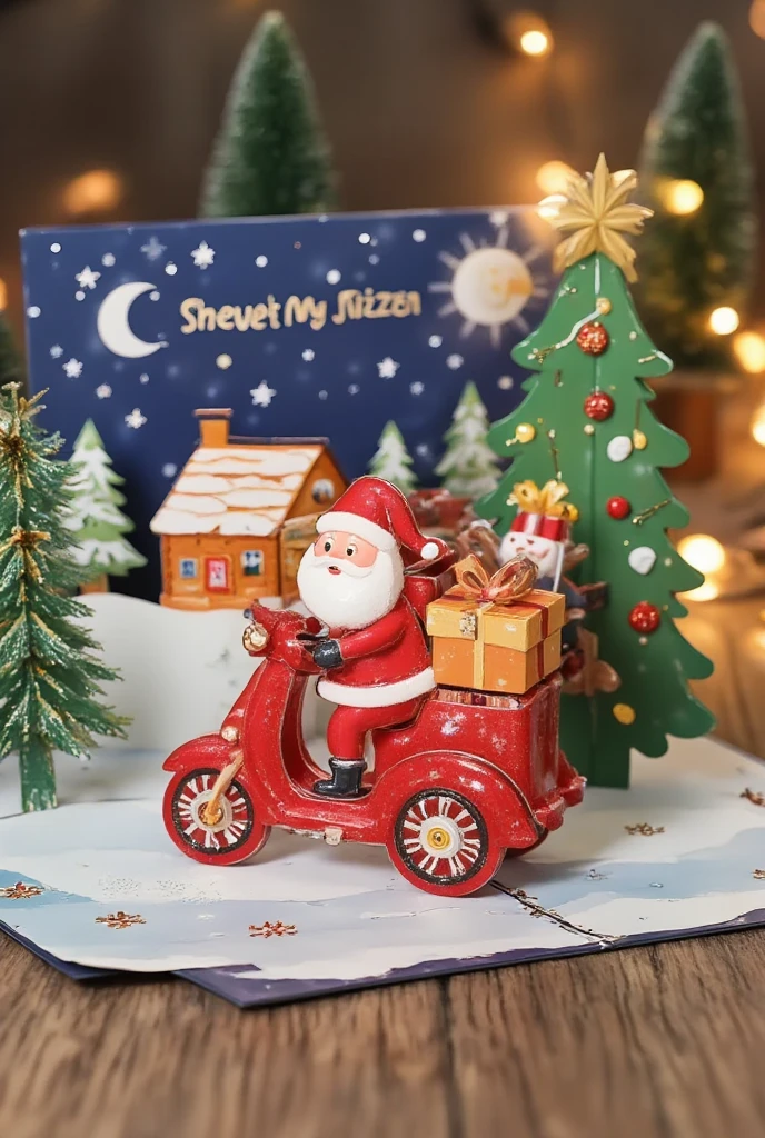  Santa riding a scooter ， car with a gift box ，Cartoon-style images, Set in a 24th century . In the background,  A Christmas tree and a winter landscape ， surrounded by Christmas lights and ornaments.,,Cardboard art engraving