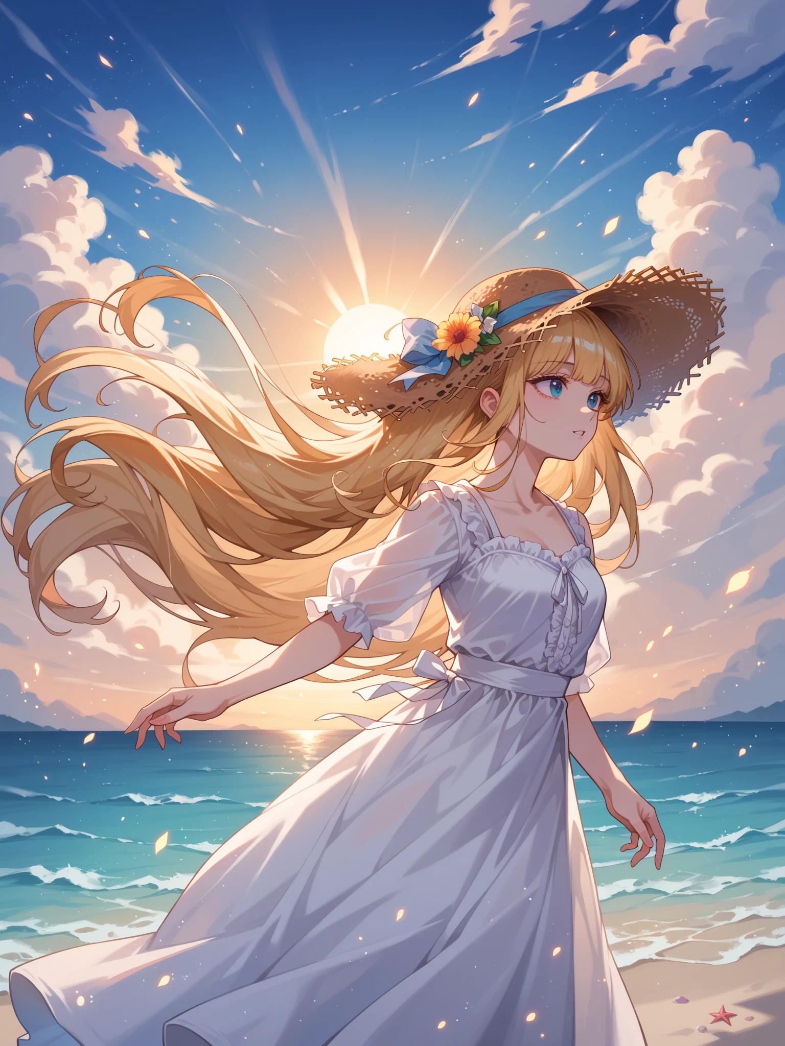 score_9, score_8_up,score_7_up, source_anime, rating_safe, 1girl, solo, <lora:EPpkCynthia:0.8> EPpkCynthia, long hair, blonde hair, hair over one eye, grey eyes, smile, from behind, white dress, looking back, blush, arms behind back, bare shoulders, female focus, looking at viewer, hat, back, dress, sundress, outdoors, sun hat, sky, sunset, ocean, reflective water,