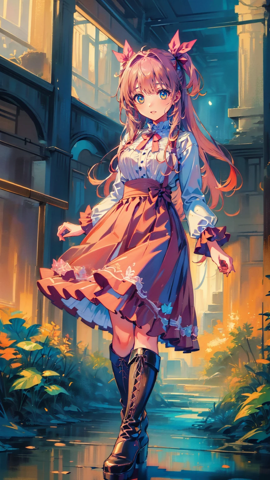 (    masterpiece    : 1.2), (    very detailed bust: 1.2), (    very detailed bust CG: 1.2), (    high image quality: 1.2), (最    high image quality), 8k,     Animated Illustration ,   、    beautiful girl、とてもcute天使、   Standing in front of the front door wearing a pink gothic dress 、cute、baby face、smile、    Long Skirt、 Black long boots 、