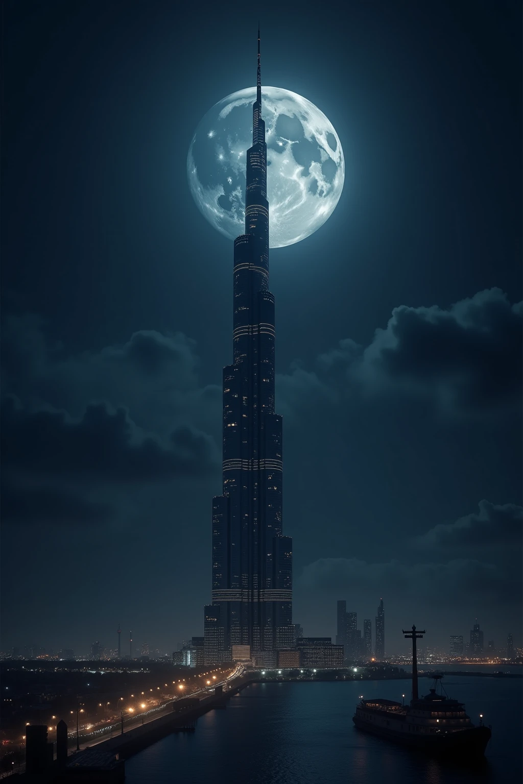 (masterpiece, top quality, very detailed depiction, Incredible Hi-Res,Photographic images), Tower of Darkness,A tower shaped like the Burj Khalifa,Night Sky, Huge Moon, dark atmosphere , Dark ,Dark World ,Dark Clouds,thunder, creepy atmosphere