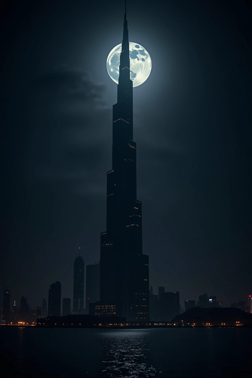 (masterpiece, top quality, very detailed depiction, Incredible Hi-Res,Photographic images), Tower of Darkness,A tower shaped like the Burj Khalifa,Night Sky, Huge Moon, dark atmosphere , Dark ,Dark World ,Dark Clouds,thunder, creepy atmosphere