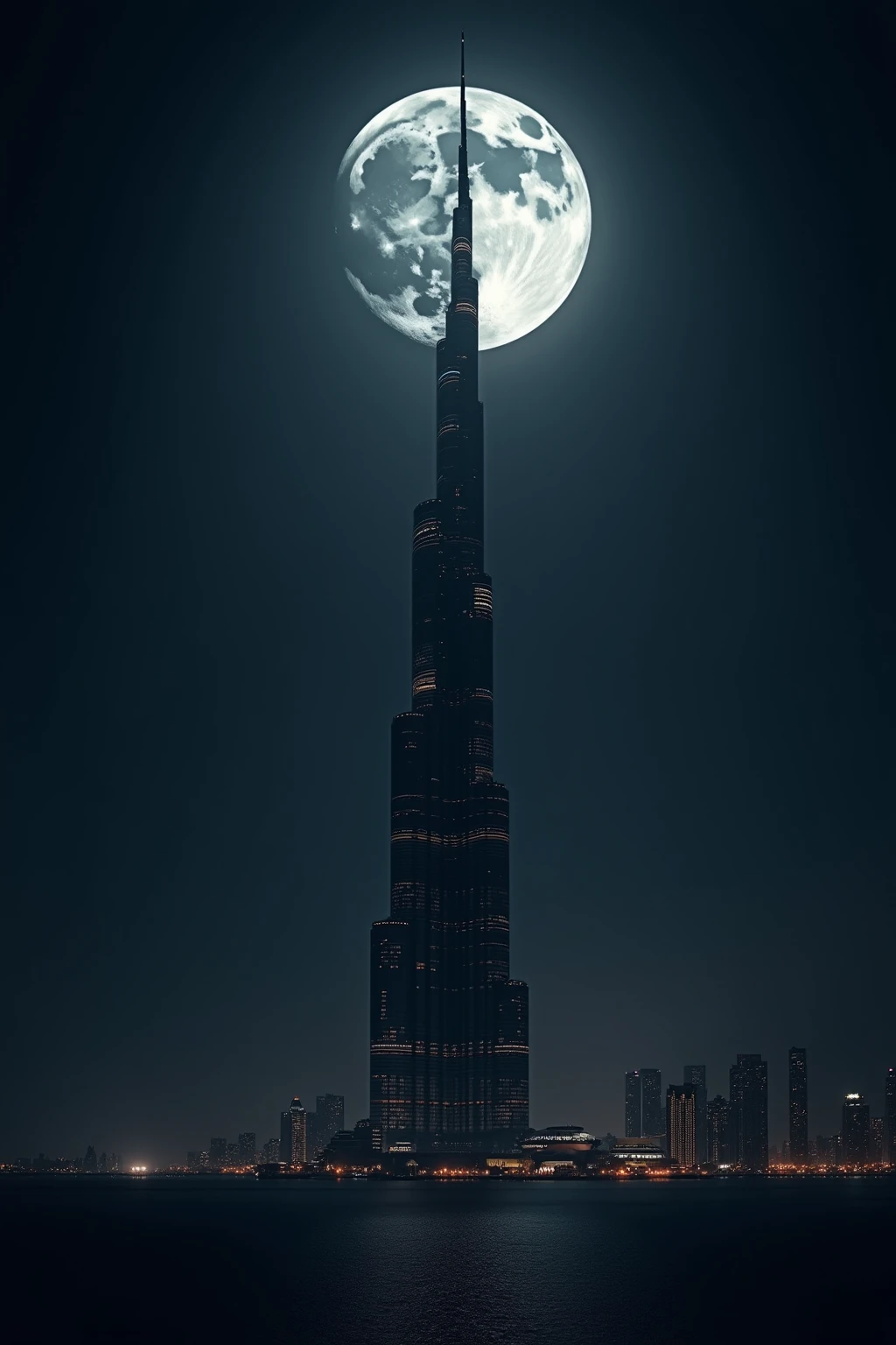 (masterpiece, top quality, very detailed depiction, Incredible Hi-Res,Photographic images), Tower of Darkness,A tower shaped like the Burj Khalifa,Night Sky, Huge Moon, dark atmosphere , Dark ,Dark World ,Dark Clouds,thunder, creepy atmosphere