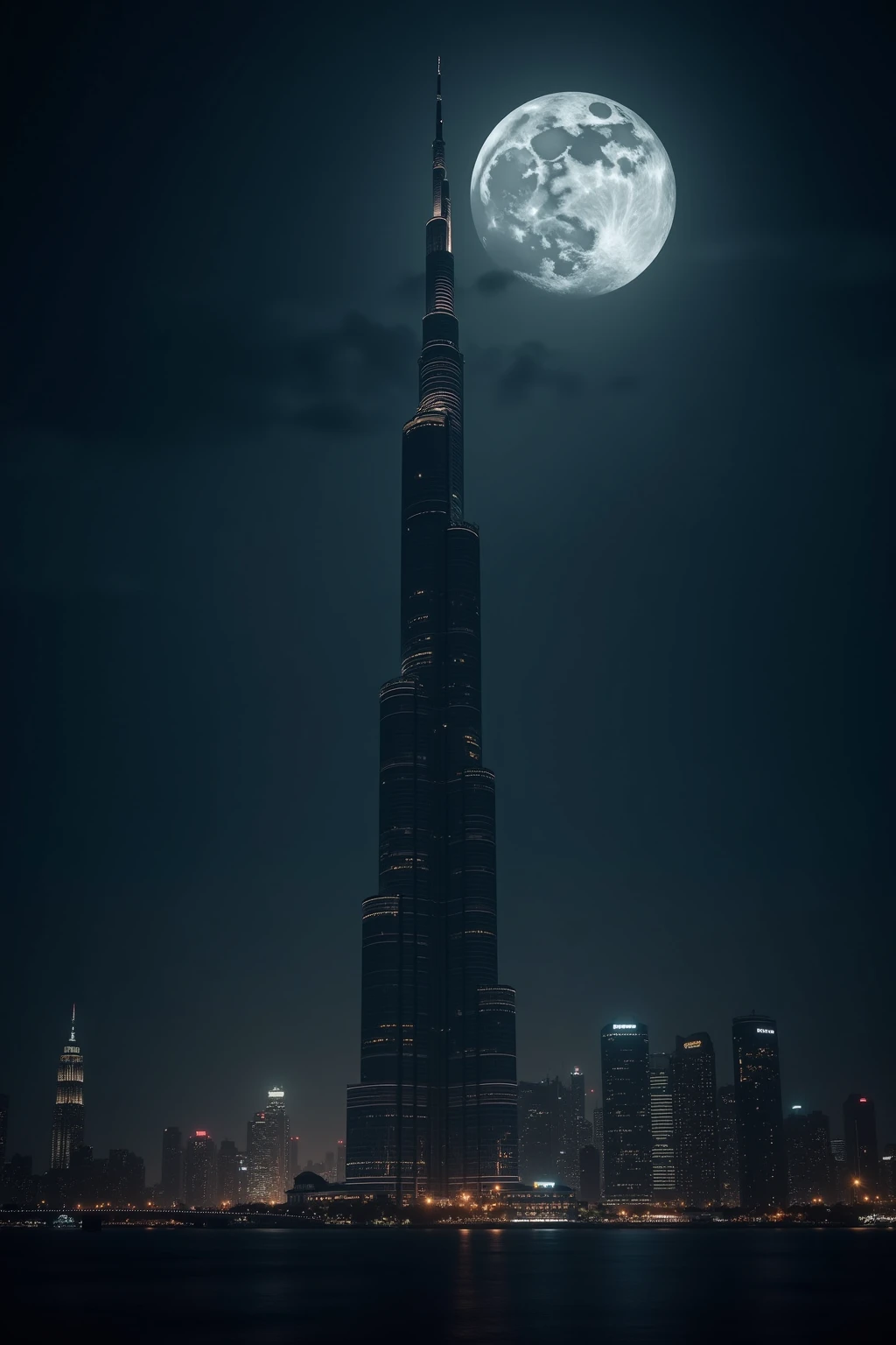 (masterpiece, top quality, very detailed depiction, Incredible Hi-Res,Photographic images), Tower of Darkness,A tower shaped like the Burj Khalifa,Night Sky, Huge Moon, dark atmosphere , Dark ,Dark World ,Dark Clouds,thunder, creepy atmosphere