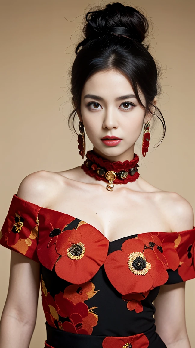 High contrast digital artwork featuring a person with intricate black hair styled into large, rounded buns. The individual is wearing a black dress with a high collar and an accent of red floral patterns on the shoulder. Elaborate, long red earrings complement the outfit. The background consists of a bold red circular element, contrasting sharply against a soft beige backdrop, which enhances the visual impact of the artwork.