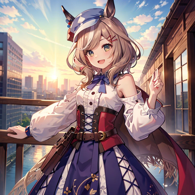 (( top quality)), ((masterpiece)), (  Details), ( super high resolution )、 Machika Net House 、
( Racing Wear )、Horse&#39;s ears、Horse Girl 、 brown hair 、 yellow eyes、 hair clip、 hair ornament、 blue hat、 striped hair、青いribbon、 blue skirt with Yukikarou、 Long Sleeve 、 white shirt、 collared shirt 、ribbon、belt、 Taxi Driver Hat 、 shoulder cutout 、 shoulder out、belt ポーチ、Knee Boots、
 perfect face、 perfect body、Perfect Hair、超 Detailsな瞳、超 Detailsな肌、
whole body、 standing、( cowboy shots 1 and 3)、
 smile with open mouth、 waves to viewers、
blue sky、 beautiful prairie、 professional lighting、