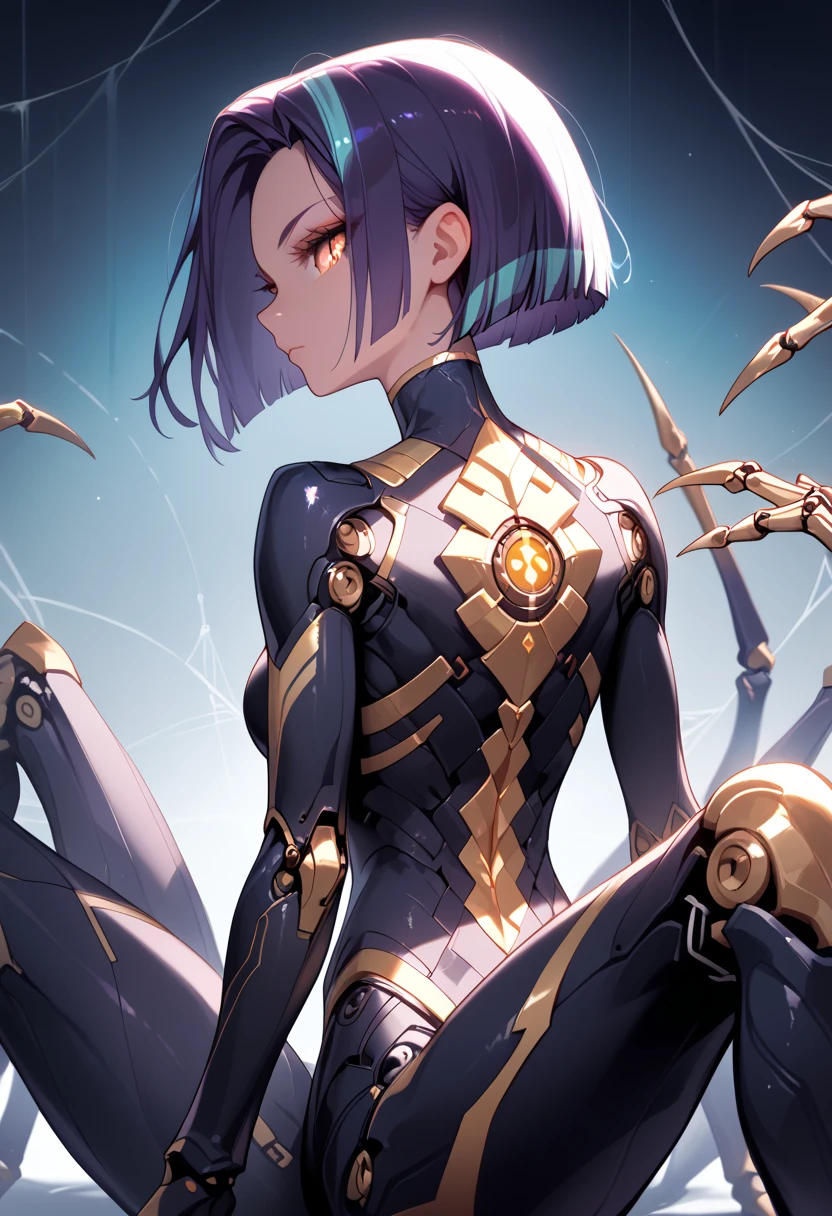 solo, female, sfw, Black hair, sleek and straight hair, chin-length bob cut, slightly tousled bangs framing her face, edges of her hair are subtly infused with metallic threads, shimmering hair, slit pupils, amber-gold iris, augmented eyes, Smooth skin, tan, faint silvery veins visible just beneath the surface of her skin, skin illuminated from within, Lean, athletic, long limbs, arachnid mechanical legs, confident stance, Eight slender mechanical legs jutting from behind her back, small glowing nodes scattered across her, cybernetic enhancements, medium shot