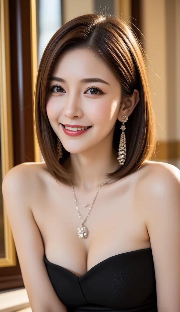 (((Full body photo)))、(((I see high heels)))、12Ｋ、ＨＤＲ、  Japanese 、 Bit depth 10 bits 、 At the ball、 cleavage、(Inside a European palace),  (  realistic ) ,   (photo realistic  :1.4), masterpiece,      Very Delicate and Beautiful  , very detailed bust,smile、( light brown hair  )、Women who exude adult sex appeal  、クリアホワイトスキン  、   happy face、((( white teeth visible)))、 random hair style 、I can see your ankles、 glamorous dress 、 luxury necklace 、 gorgeous earrings 、