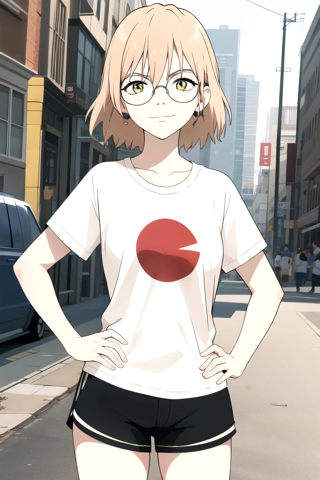 ((best quality)),((highly detailed)),masterpiece,absurdres,beautiful face,(detailed eyes, deep eyes),1girl, hands on hip, haruko, round glasses, Korean glasses, yellow eyes, blonde hair, short hair, white t-shirt, loose shorts, earphones, looking at viewer, smirk, standing up.