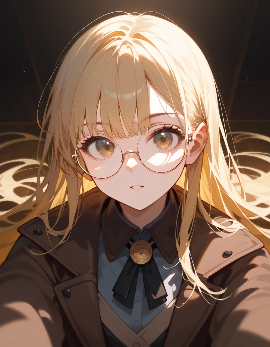 alone,girl, blonde hair ,Bangs,girlบาร์, ,Wear black round glasses,Long hair,Black hair ends,In the bar, Brown Jacket ,In golden bronze eyes,Black hair ends,detective,pov close up,