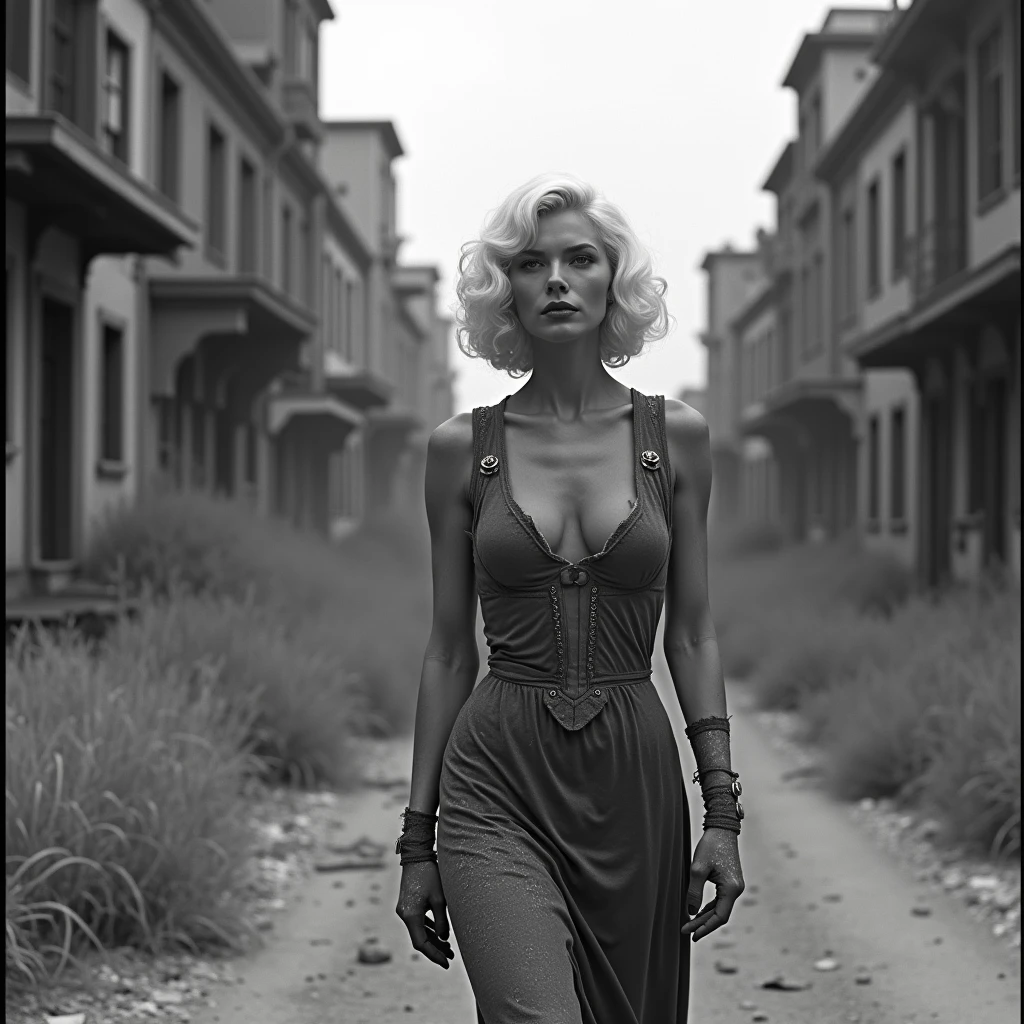 Marilyn Monroe, in her iconic scene, where her dress heaves with a gust of wind, defiantly standing in the middle of a post-apocalyptic landscape, reminiscent of "The Walking Dead", Crumbling buildings, Abandoned vehicles, And deserted streets increase the sense of danger and despair, Filmed in a cinematic style, with dramatic lighting, intense shadows, and wide-angle lens, to convey the immensity of the apocalyptic world