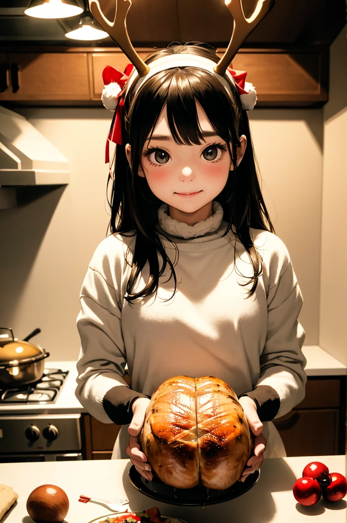 best image quality、detailed eyes、long eyelashes、Chinese steamed buns on a steamer and delicious-looking pancakes on a white plate、The pancakes are topped with small squares of butter and topped with a generous amount of candy-colored honey.、A young girl happily laughing and eating pancakes、Cute smile、best smile、chibi character、super deformed、big head and 、Very pretty girl、long chestnut hair、Surprisingly big, round, shining eyes、Snowy landscape outside the window、
