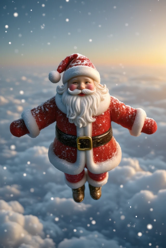 santatangsu,Santa Claus,Santa Claus flying amidst snowflakes in the sky, masterpiece,high quality,extremely detailed,