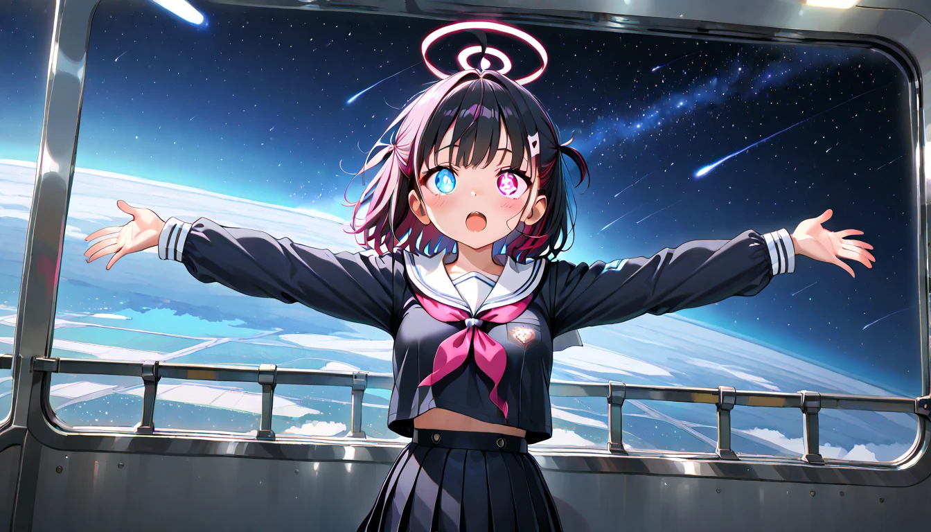 ((top quality)),((masterpiece)),((perfect face)),(ultra-detailed),ultra high res, 8k, 1girl, solo, streaked hair, glowing eyes, heterochromia, stardust, night sky, space station, arms spread, open mouth, dynamic angle, school uniform, panoramic view,  anime style, exquisite, (very aesthetic:1.2), (absurdres:1.2), (detailed background),newest, perfect anatomy,