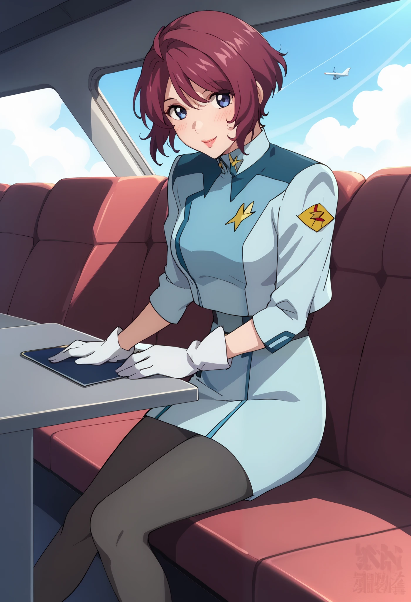 Alone, ,Lunamaria、 1 girl 、solo、 blue eyes、Red Hair、 short hair 、 、, uniform, dress, blue jacket , cropped jacket,  white gloves,  tight skirt that sits at the crotch, blue skirt,black pantyhose in-flight、Passageway inside an airplane、smile、 flight attendants、blush