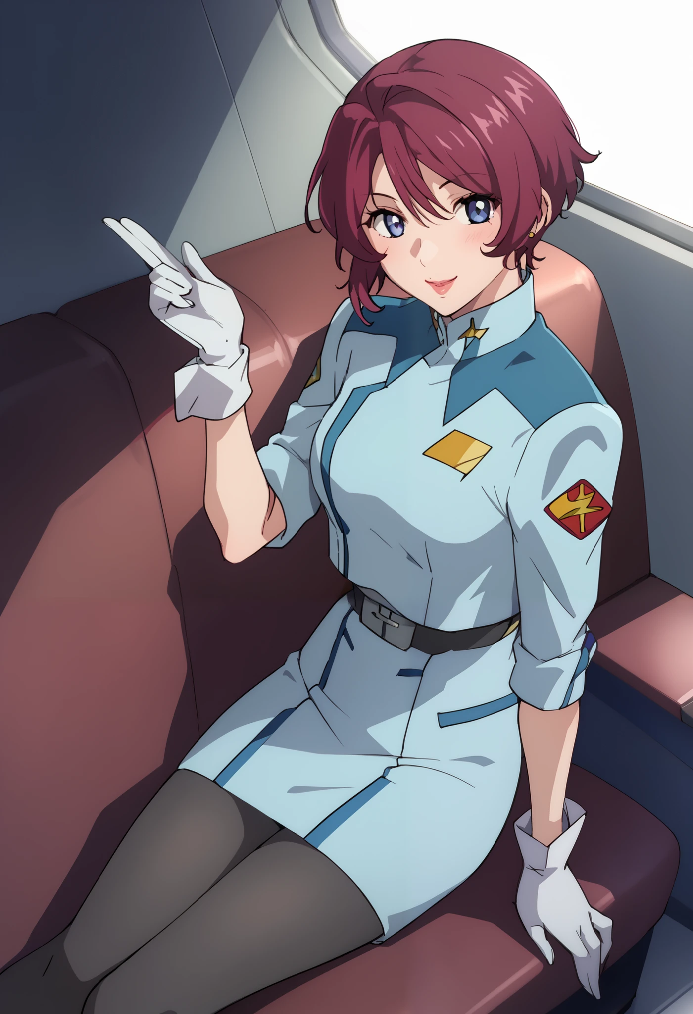 Alone, ,Lunamaria、 1 girl 、solo、 blue eyes、Red Hair、 short hair 、 、, uniform, dress, blue jacket , cropped jacket,  white gloves,  tight skirt that sits at the crotch, blue skirt,black pantyhose in-flight、Passageway inside an airplane、smile、 flight attendants、blush