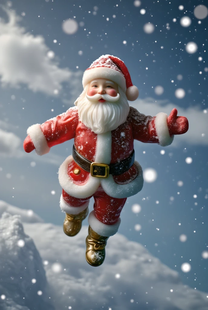 santatangsu,Santa Claus,Santa Claus flying amidst snowflakes in the sky, masterpiece,high quality,extremely detailed,