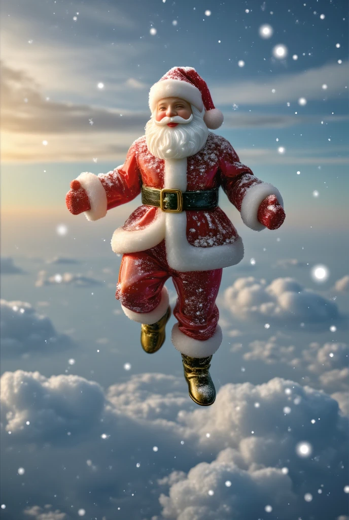 santatangsu,Santa Claus,Santa Claus flying amidst snowflakes in the sky, masterpiece,high quality,extremely detailed,