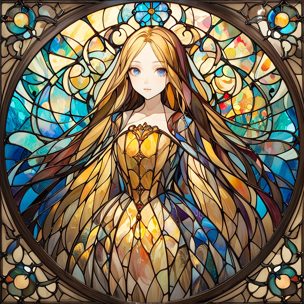 woman、woman一人、 dress、 long blond hair 、 stained glass illustration 、Round stained glass 、横向きにwomanが描かれている、 no background 、Monotonic colored background 、Blank background、