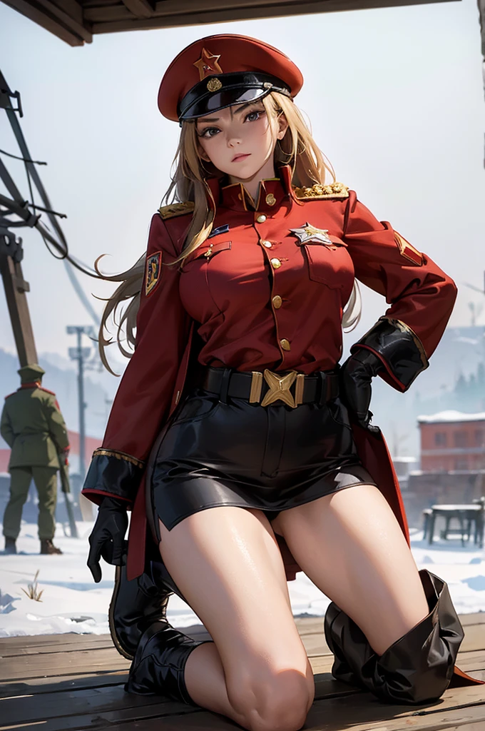 modelshoot style, (extremely detailed CG unity 8k wallpaper, hasselblad award winner), beautiful detailed portrait of a young chinese female, beautiful sports girl in the militia uniform of the Soviet Union, serious look, (NKVD style:1.4), stands in a defiant pose, provocative dominance position above the camera, legs apart, legs open, legs apart, sexy, legs apart, pubis, panties, cinematic lighting, ambient soft lighting, dramatic lighting, diffused soft lighting, aviator style, (detailed background with red flags of the soviet union:1.2), futuristic, imperial style, elite, rich, highly detailed, intricate, sexy uniform, hot body, small breasts, with a long blonde tail and a long brown fur leather coat, artstation, cgsociety art, DeviantArt trending, 8k HD, masterpiece, high quality, sharp focus, digital art by Artgerm and Greg Rutkowski and Alphonse Mucha, professional majestic oil painting by Ed Blinkey, Atey Ghailan, Studio Ghibli, by Jeremy Mann, Greg Manchess, Antonio Moro, trending on ArtStation, trending on CGSociety, Intricate, High Detail, Sharp focus, dramatic, photorealistic painting art by midjourney and greg rutkowski