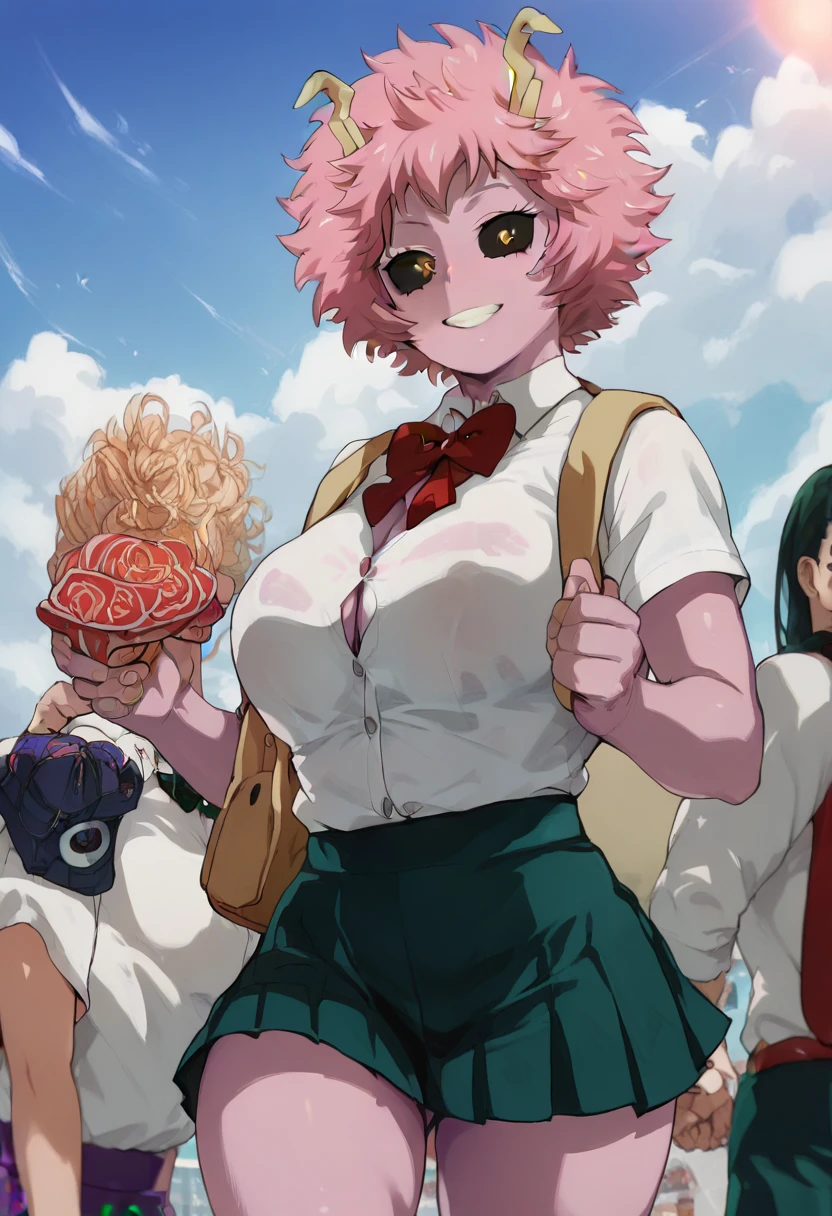 Mina Ashido from My Hero Academia wearing a schoolgirl's costume with a very short skirt 