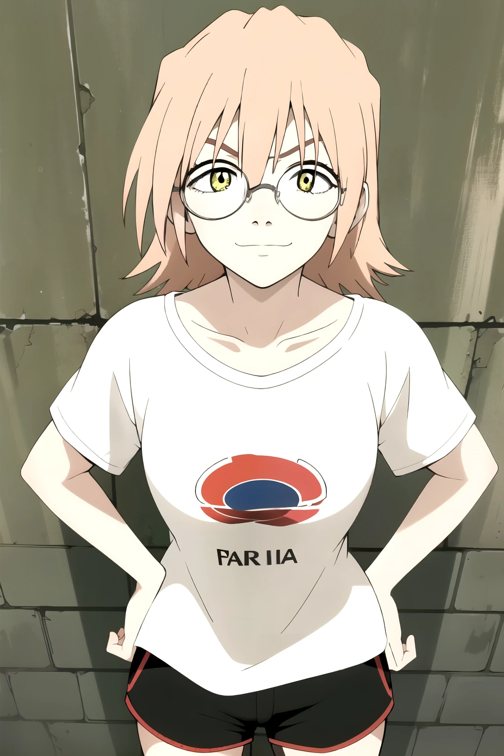 ((best quality)),((highly detailed)),masterpiece,absurdres,beautiful face,(detailed eyes, deep eyes),1girl, hands on hip, haruko, round glasses, Korean glasses, yellow eyes, blonde hair, short hair, white t-shirt, loose shorts, looking at viewer, smirk, standing up.