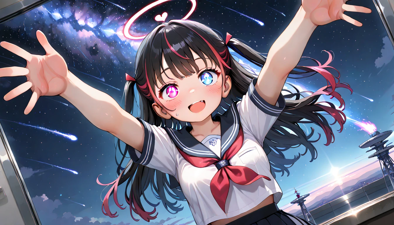 ((top quality)),((masterpiece)),((perfect face)),(ultra-detailed),ultra high res, 8k, 1girl, solo, streaked hair, glowing eyes, heterochromia, meteor shower, night sky, space station, arms spread, open mouth, dynamic angle, school uniform, panoramic view,  anime style, exquisite, (very aesthetic:1.2), (absurdres:1.2), (detailed background),newest, perfect anatomy,