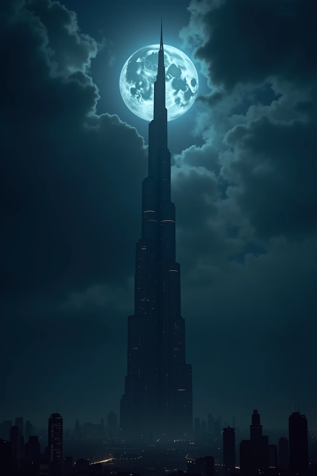 (masterpiece, top quality, very detailed depiction, Incredible Hi-Res,Photographic images), Tower of Darkness,A tower shaped like the Burj Khalifa,Night Sky, Huge Moon, dark atmosphere , Dark ,Dark World ,Dark Clouds,thunder, creepy atmosphere