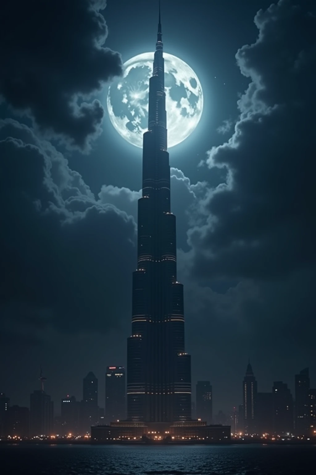 (masterpiece, top quality, very detailed depiction, Incredible Hi-Res,Photographic images), Tower of Darkness,A tower shaped like the Burj Khalifa,Night Sky, Huge Moon, dark atmosphere , Dark ,Dark World ,Dark Clouds,thunder, creepy atmosphere