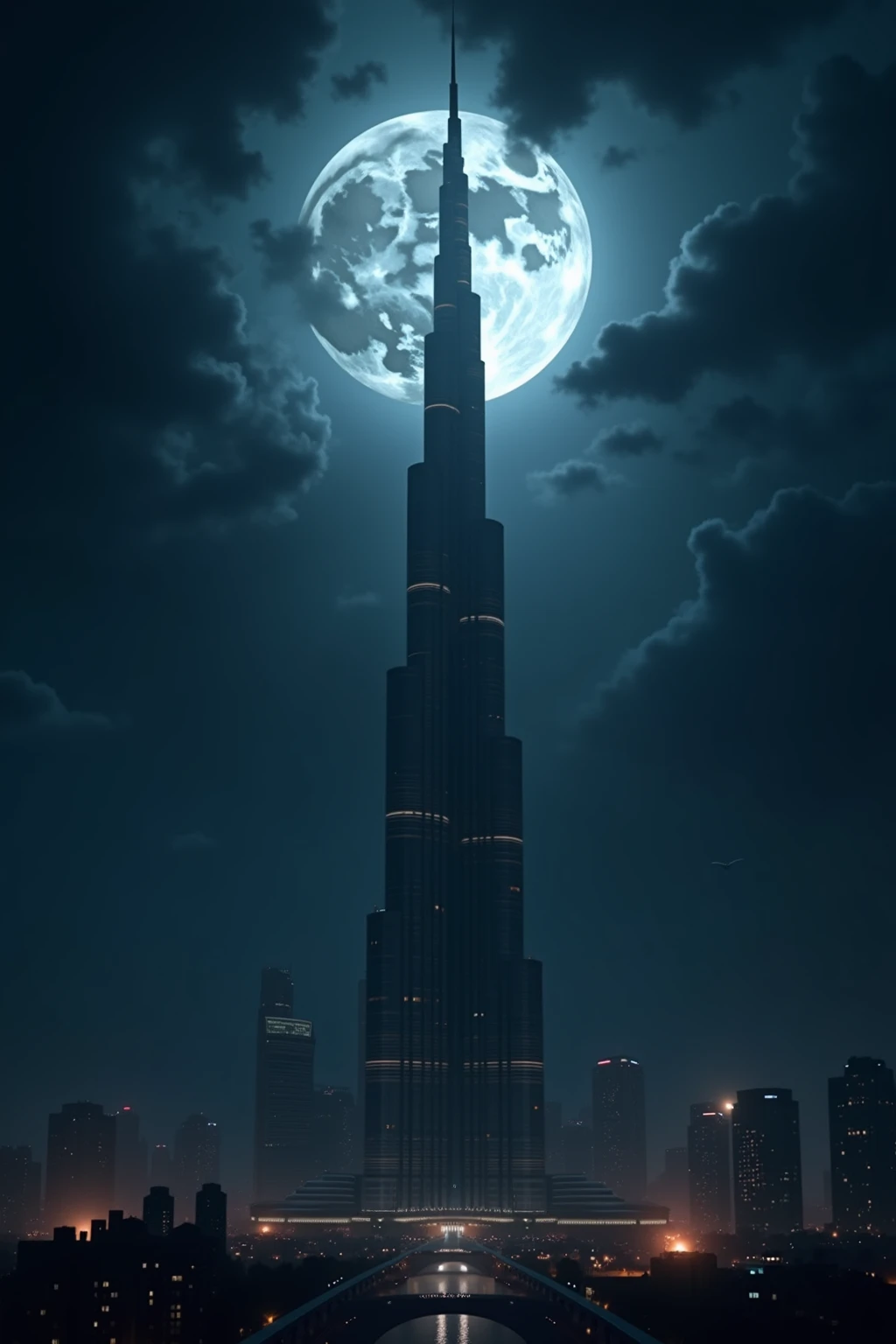 (masterpiece, top quality, very detailed depiction, Incredible Hi-Res,Photographic images), Tower of Darkness,A tower shaped like the Burj Khalifa,Night Sky, Huge Moon, dark atmosphere , Dark ,Dark World ,Dark Clouds,thunder, creepy atmosphere