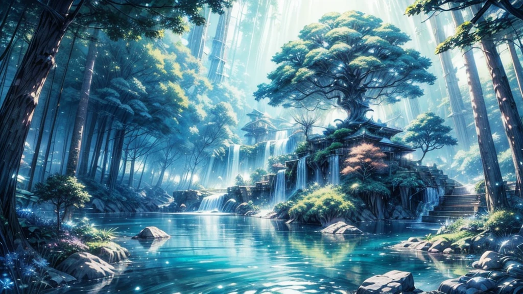 A sacred geometry symbol floating above an island with trees and waterfalls, in the style of Yoshitaka Amano, on a white background, fantasy concept art, full body shot, ethereal lighting, 2D painting, subtle use of shading, intricate details.