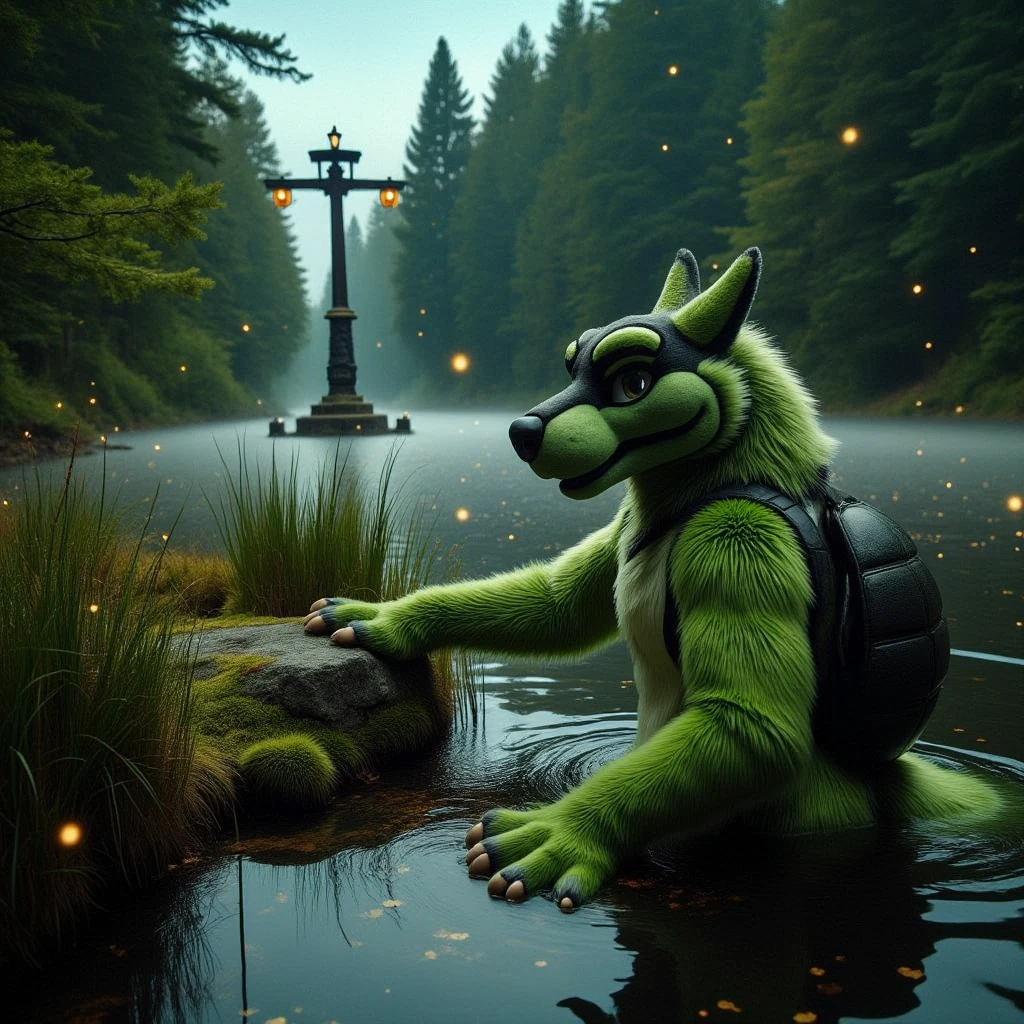 A highly realistic, photo-like depiction of a Kappa (Japanese river yokai) partially emerging from a tranquil swamp near a small patch of mossy land. The Kappa's upper body rises above the water, with green, scaly skin glistening in the soft light of dusk. It rests one webbed hand on the edge of the swamp, where a small, moss-covered rock and tall reeds create a natural landing. A turtle-like shell is visible on its back, and its head dish glints faintly, still holding water. The surrounding area features dense trees casting shadows, soft mist drifting over the water, and golden fireflies flickering in the dim light. The scene captures an eerie and serene moment, blending folklore with lifelike realism.

