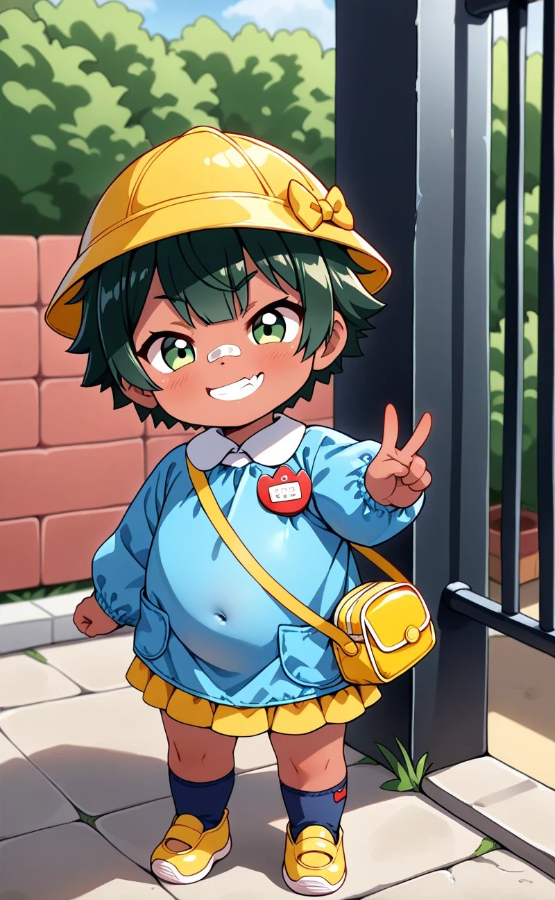 score_7_up,score_8_up,score_9, cowboy shot,  toddolercon, solo, ((1girl, little toddler:1.8, Short limbs, full body)), tomboy, short hair, dark green hair, very short cut, green eyes, tanned skin, (kindergarten uniform, yellow school hat), bandage on nose, navel, belly, navy socks, sneaker, BREAK, standing, v, doyagao, closed mouth, grin smile, skin fang, BREAK, outdoor, Kindergarten, at the gate