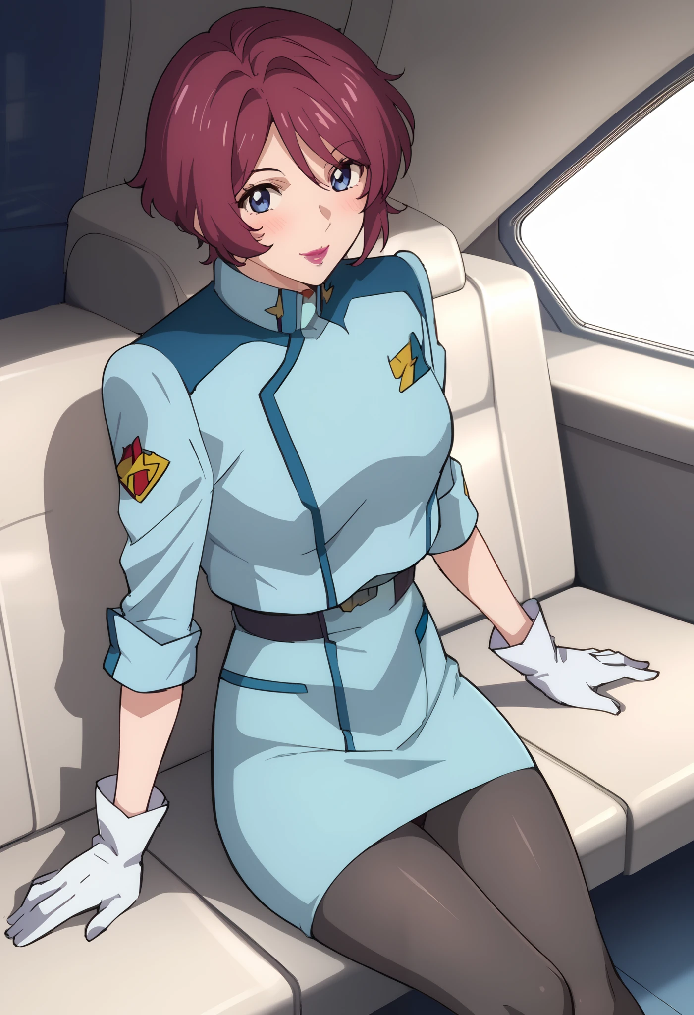 Alone, ,Lunamaria、 1 girl 、solo、 blue eyes、Red Hair、 short hair 、 、Purple lipstick、, uniform, dress, blue jacket , cropped jacket,  white gloves,  tight skirt that sits at the crotch, blue skirt,black pantyhose in-flight、Passageway inside an airplane、smile、 flight attendants、blush